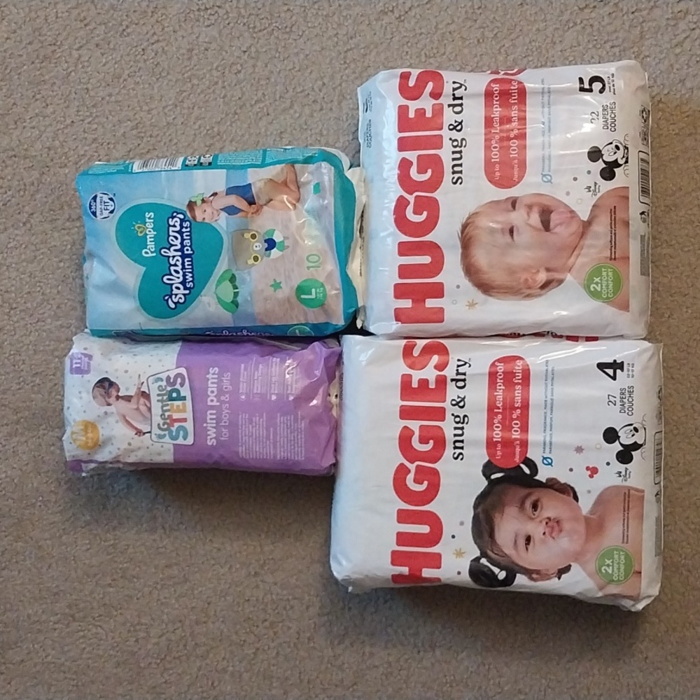 Huggies Snug & Dry Diapers, Pampers Splashers and Gentle Steps Swim Pants Bundle